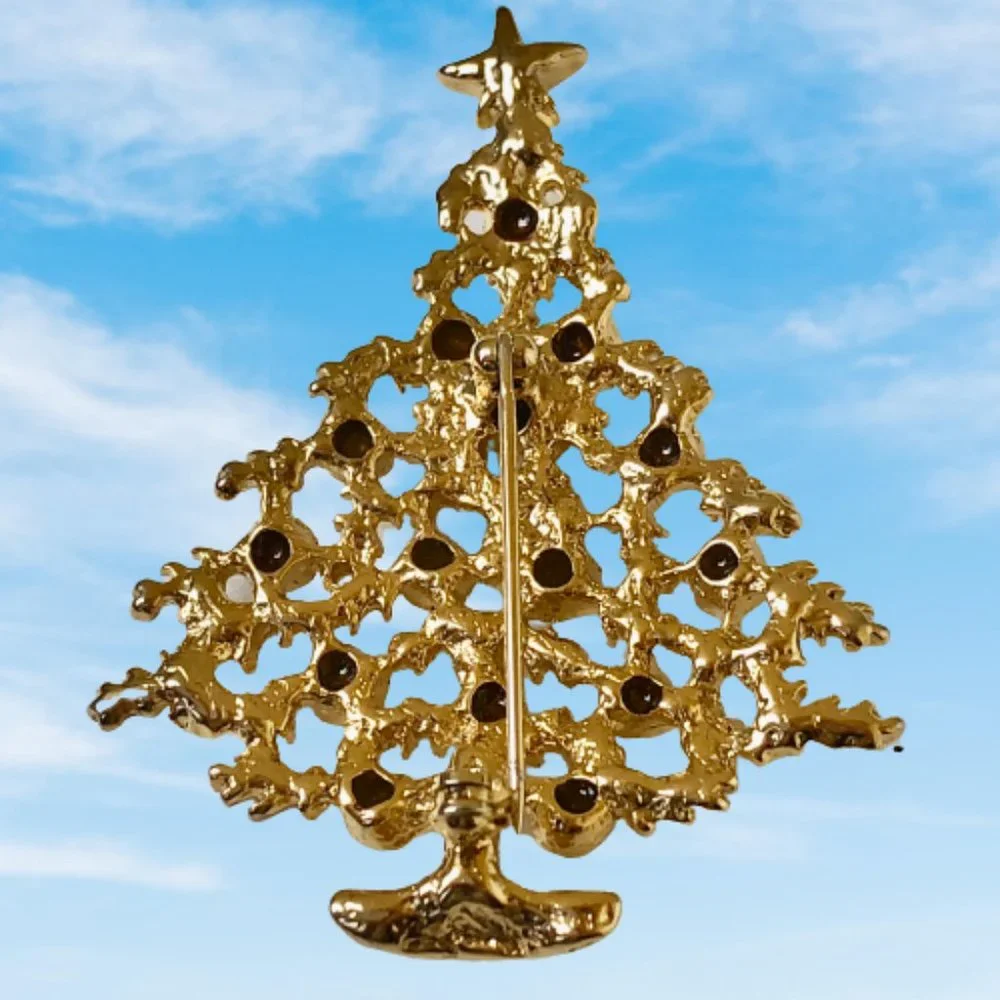 Vintage Christmas Tree Brooch Pin White Enamel & Clear Rhinestones
